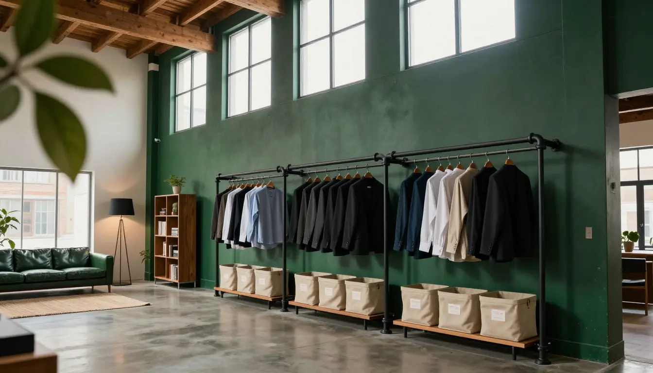 Matte black iron pipe clothing rack with wooden hangers and canvas bins along a loft wall