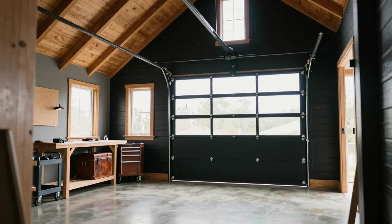 Charcoal lap siding with black-framed full-view glass garage doors on a barn-style garage