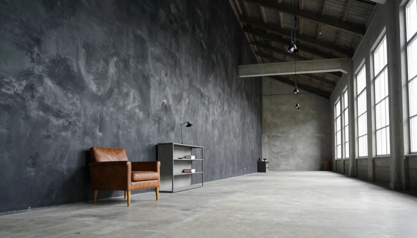 Charcoal Roman clay feature wall with a soft mottled finish in a high-ceilinged loft living area