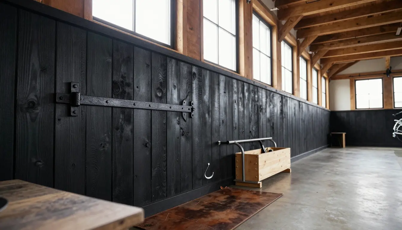 Charred shou sugi ban cladding on a garage wall with black strap hinges