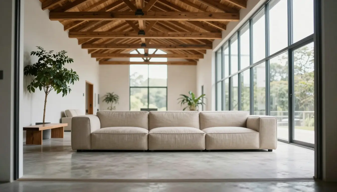Low-profile modular sofa with a low back stretching across an open loft floor