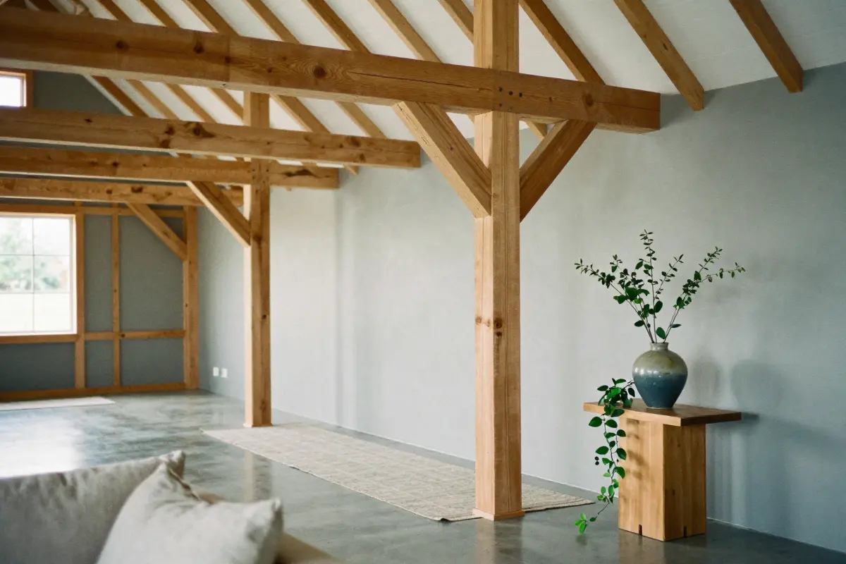 Exposed clear-grade Douglas fir and glulam post-and-beam frame inside a vaulted barn house