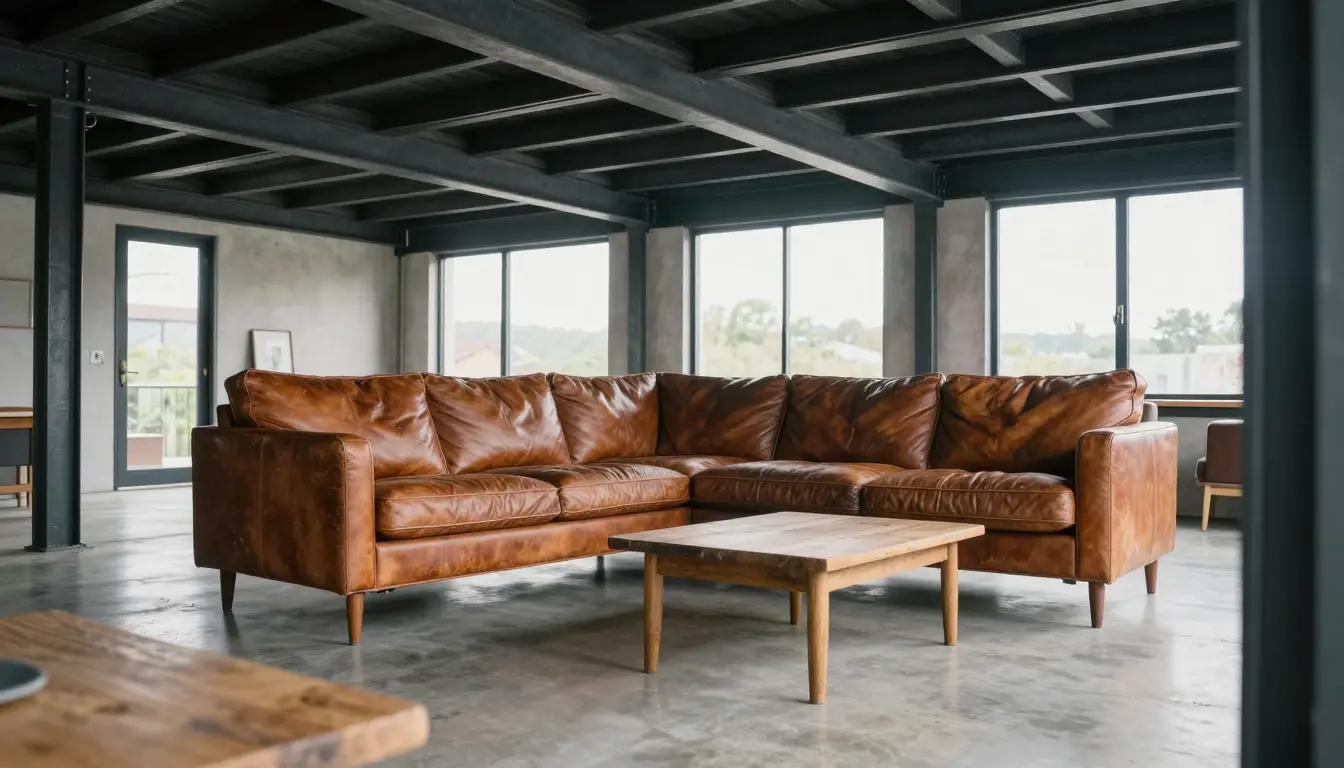 Cognac top-grain leather sofa with worn patina beside a slate gray loft wall