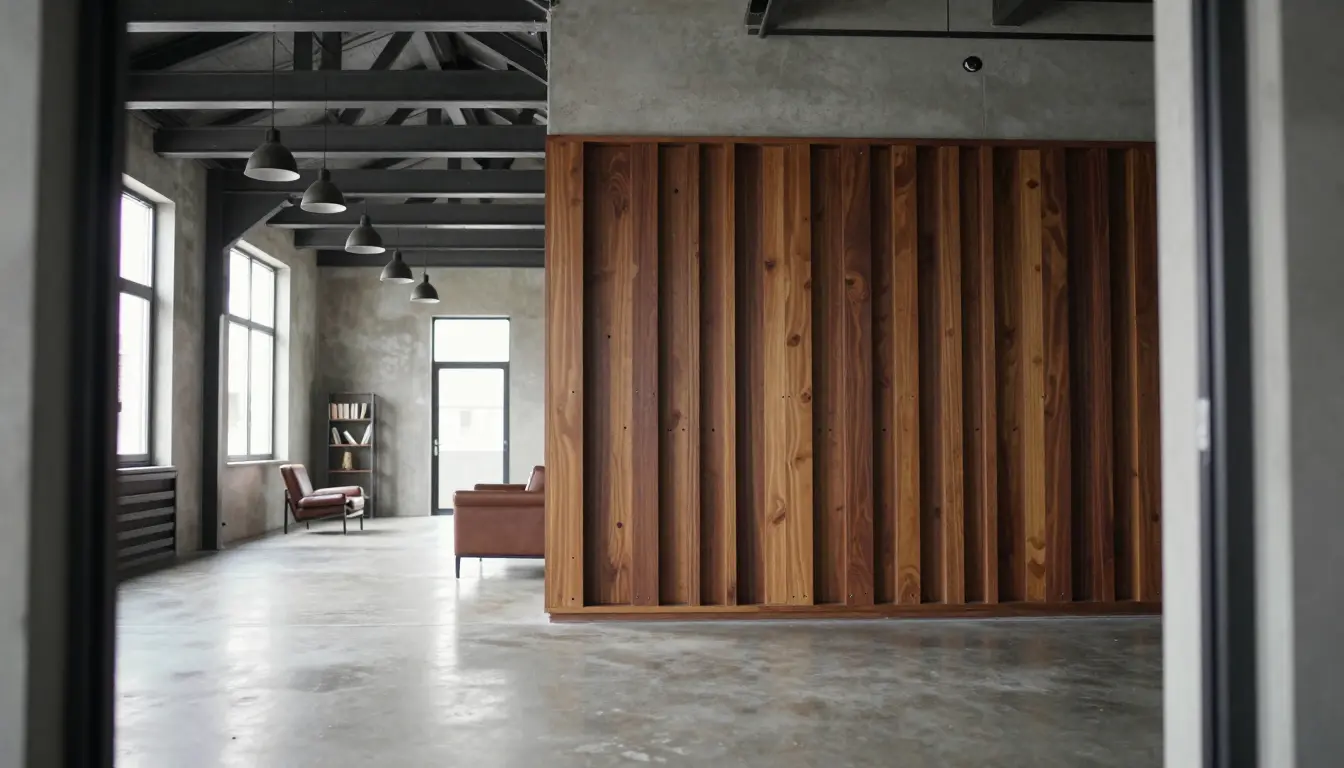 Dark walnut acoustic slat panels with felt backing fitted into a loft wall niche