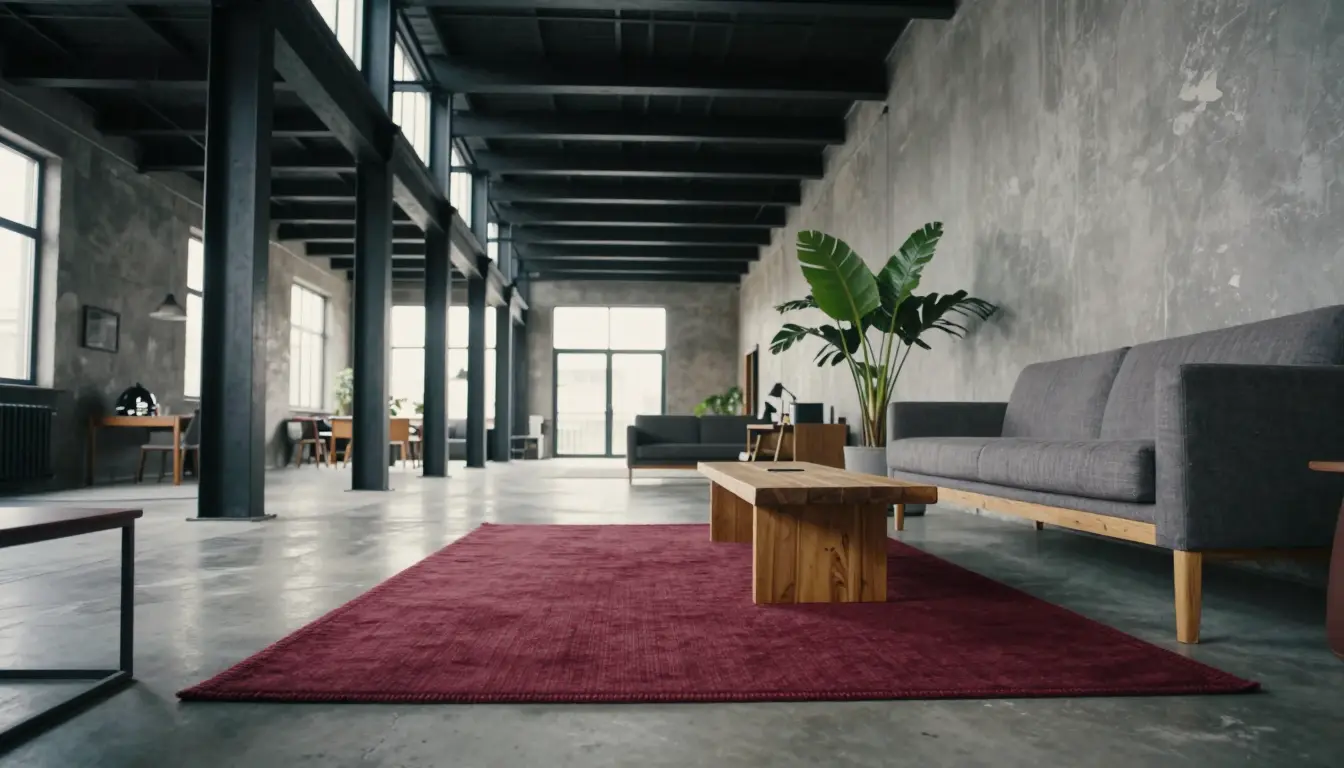 Oxblood rug, olive sofa and burnt amber throw in a moody concrete-floored loft