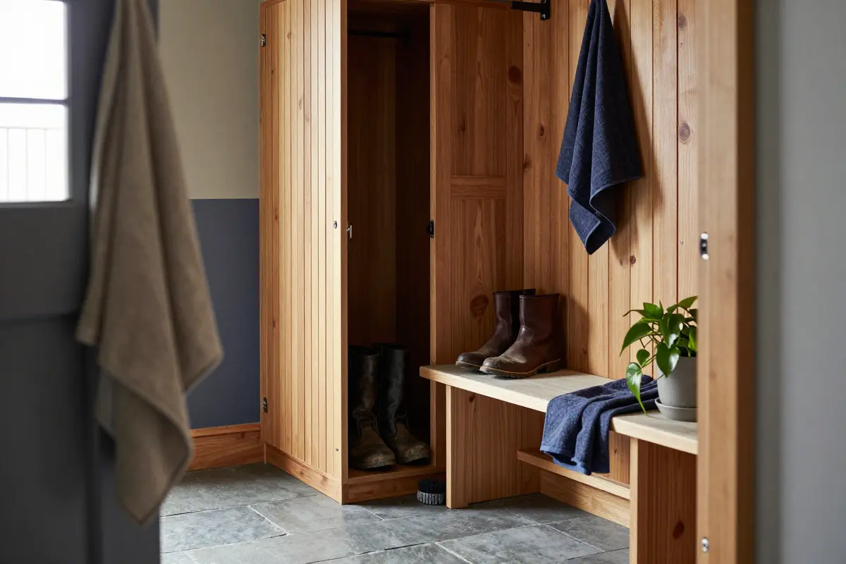 Enclosed barn house mudroom with slate floor, floor drain, boot bench and slatted drying cabinets
