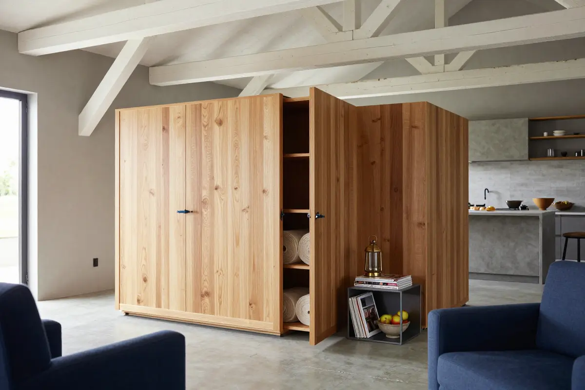 Flush floor-to-ceiling rift-sawn oak storage volumes dividing a barn-style loft living area