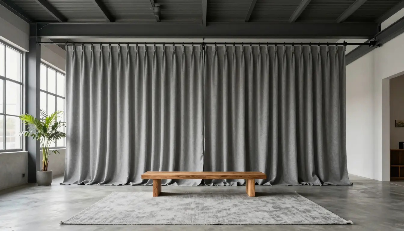 Floor-to-ceiling slate gray wool and forest green velvet drapery hung on a ceiling track in a tall loft