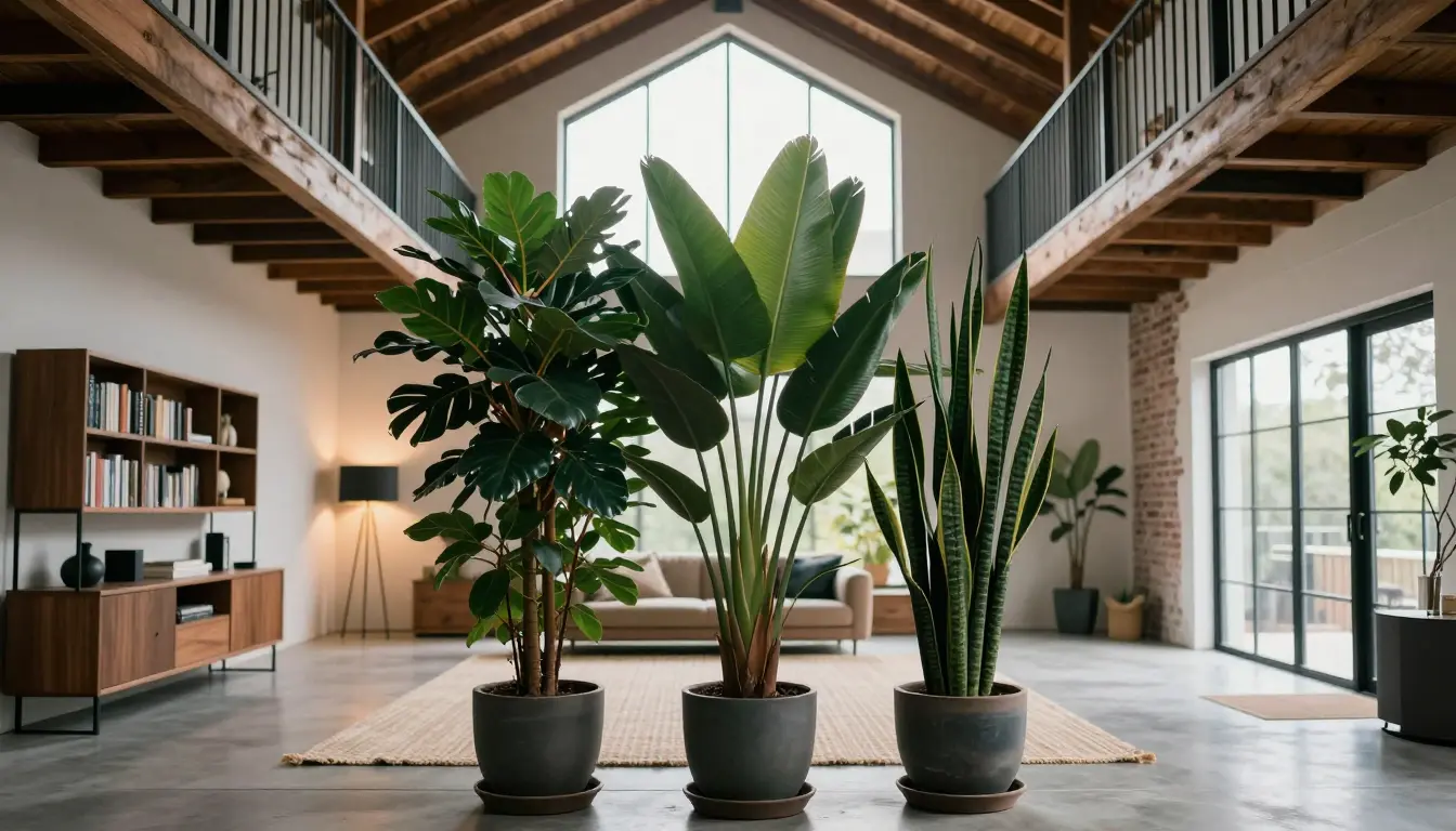 Group of large potted plants forming a living privacy screen around a loft bedroom