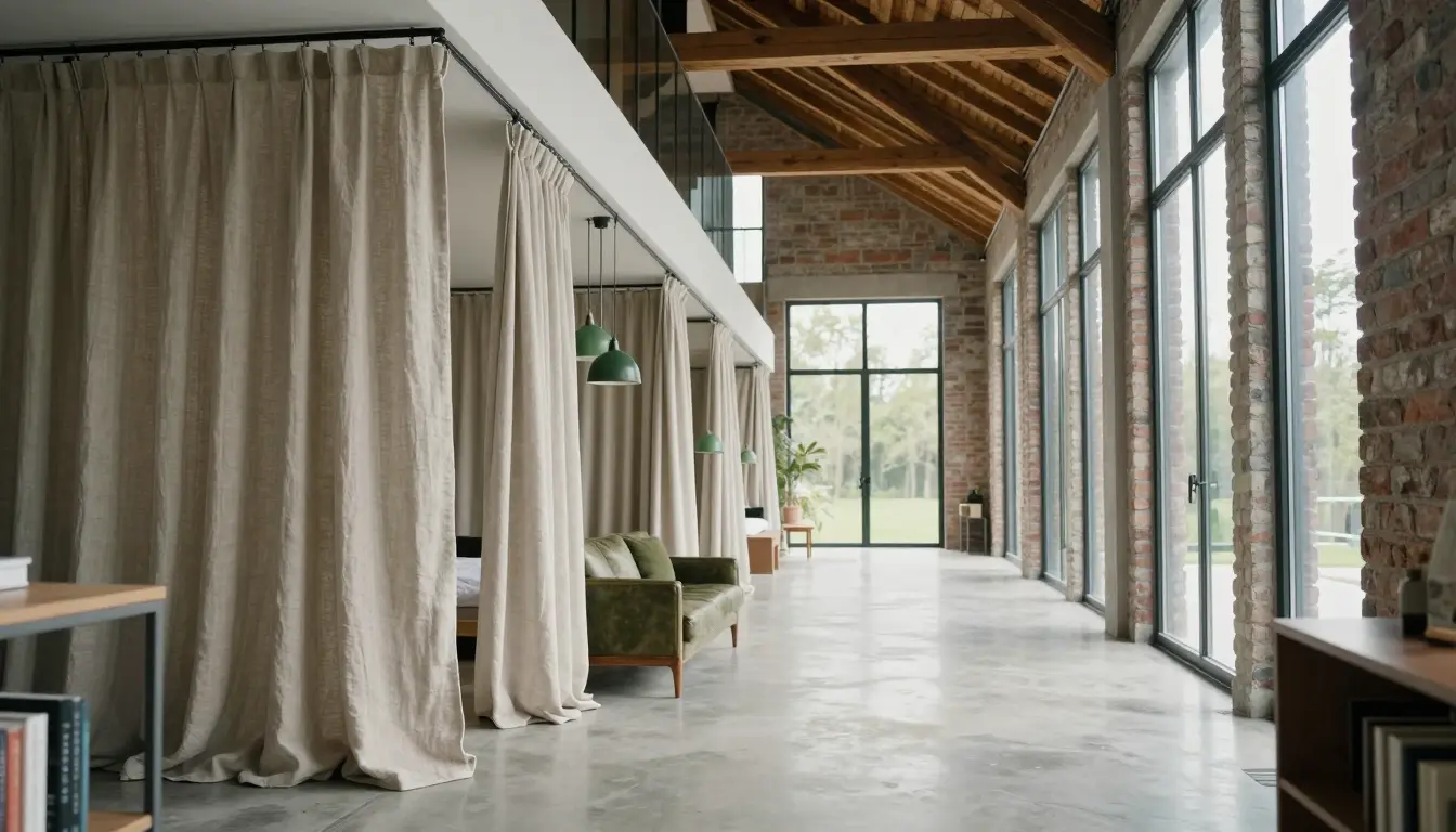 Ceiling-height linen curtains on a ceiling track separating a loft bedroom nook