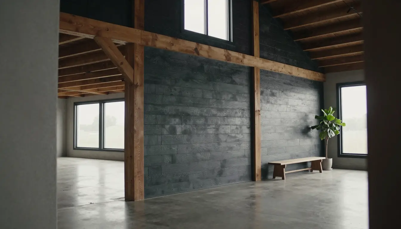 Charcoal horizontal lap siding with reclaimed oak post-and-beam framing on a modern barn