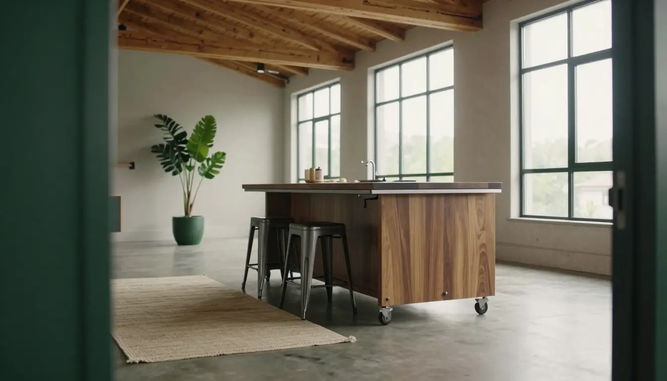 Mobile kitchen island on locking casters with a butcher-block top in a loft kitchen