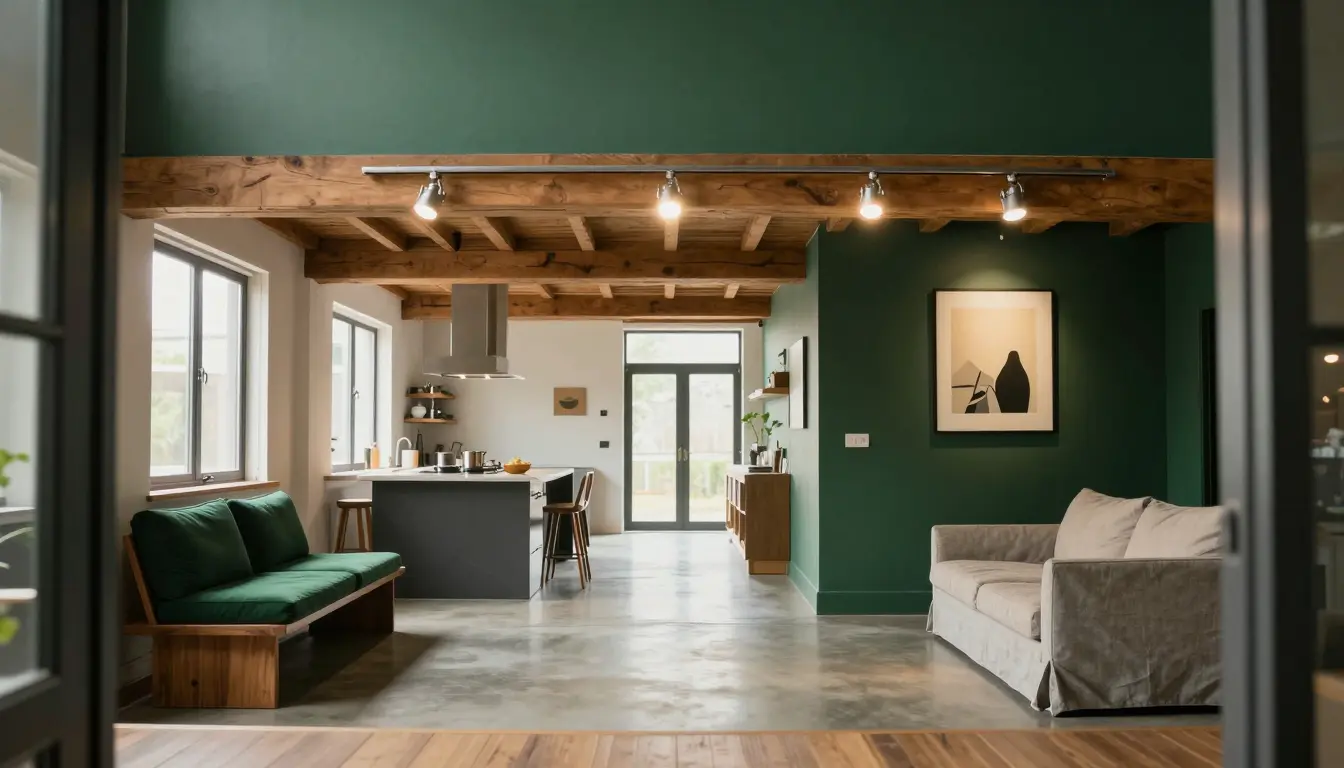 Multi-directional track lighting aimed at the kitchen island, reading nook and wall art in a high-ceilinged loft