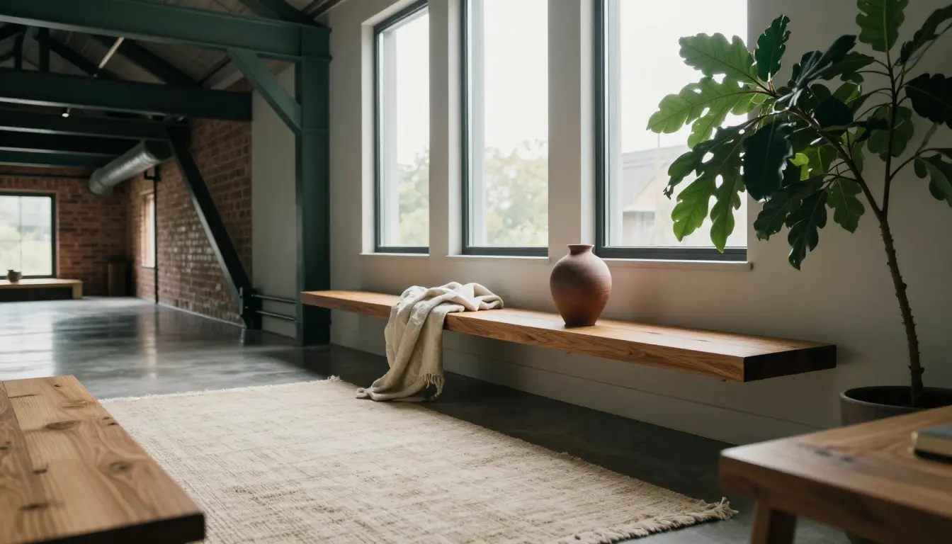 White oak shelving, reclaimed pine floor and a bouclé throw softening an industrial loft