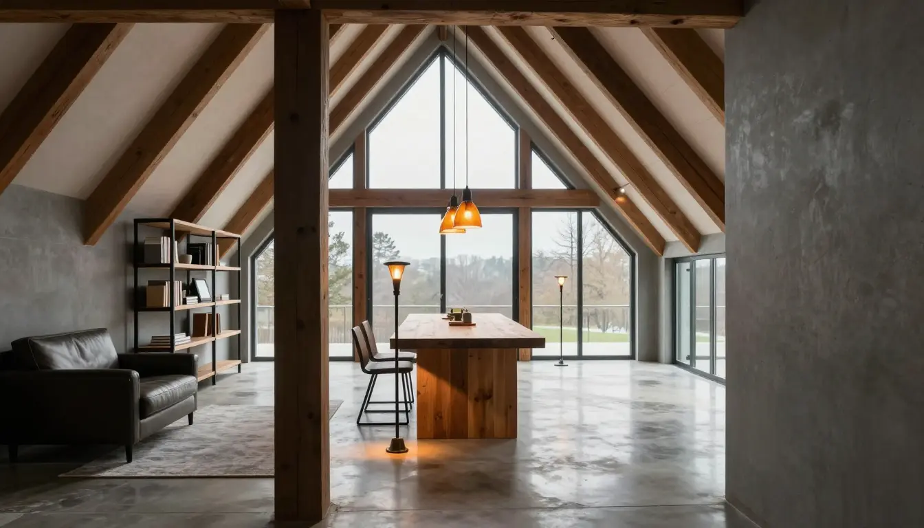 Warm floor lamps, pendants and under-cabinet strips lighting separate zones in a dark loft