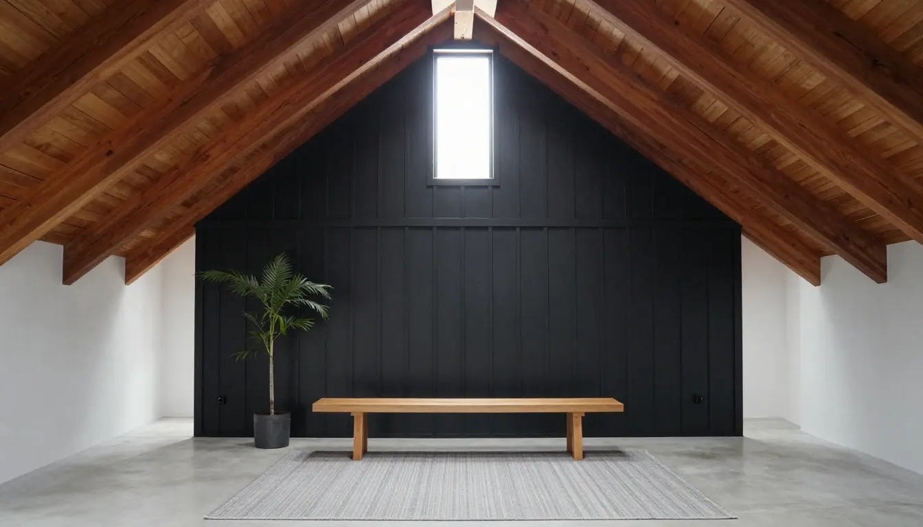 Black board-and-batten barn exterior with natural Western red cedar soffits under the eaves