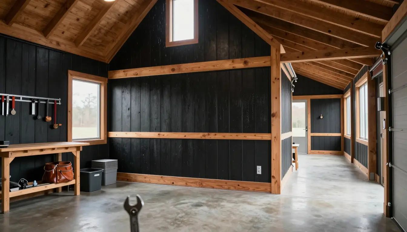 Matte black vertical board-and-batten garage with natural Western red cedar jambs and lintels