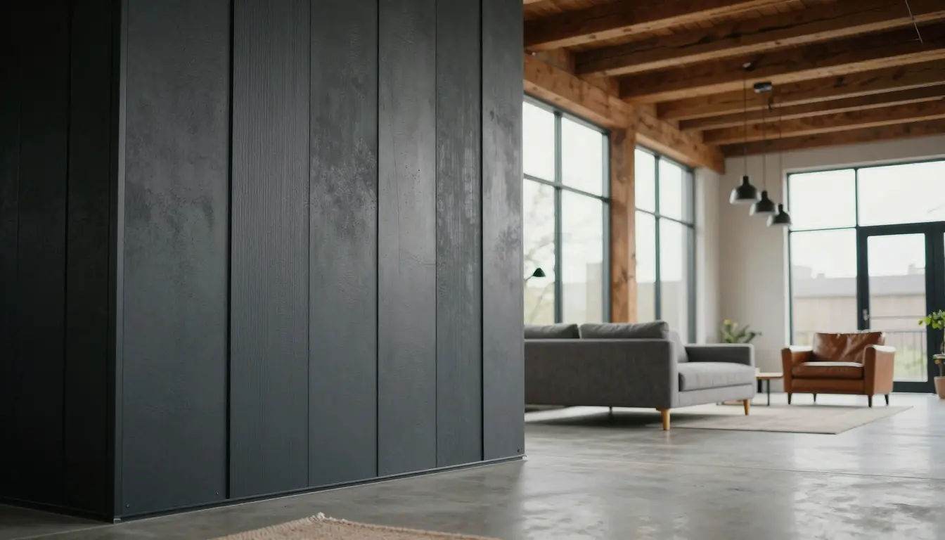 Barn with mixed-texture black fiber cement rainscreen panels and slim black aluminum corner trims