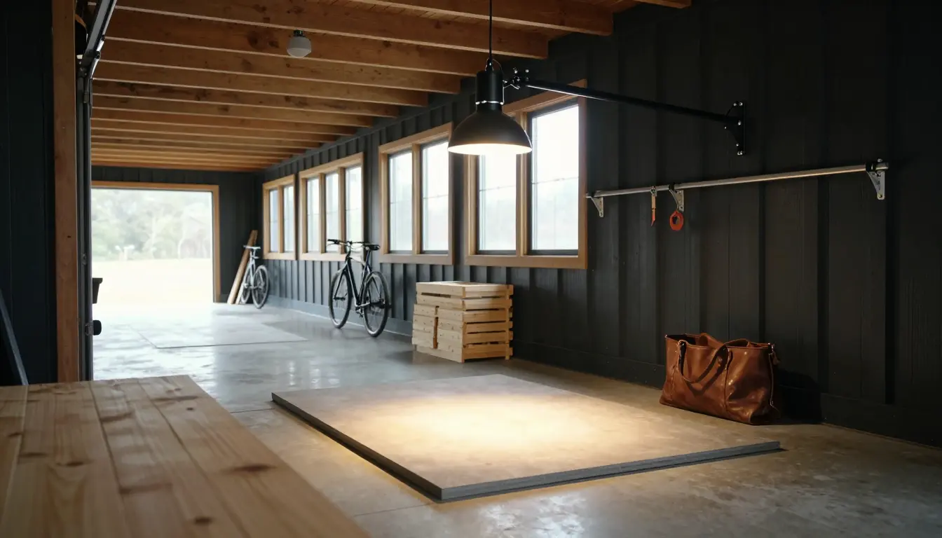 Modern Dutch gambrel garage in black corrugated steel with gooseneck wall lights