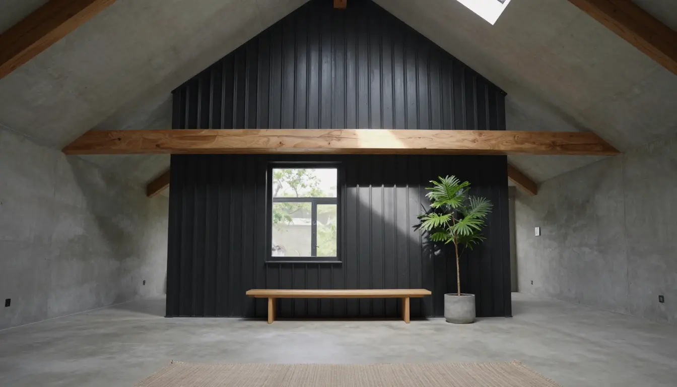 Black ribbed steel post-frame barn with deep four-foot timber overhangs