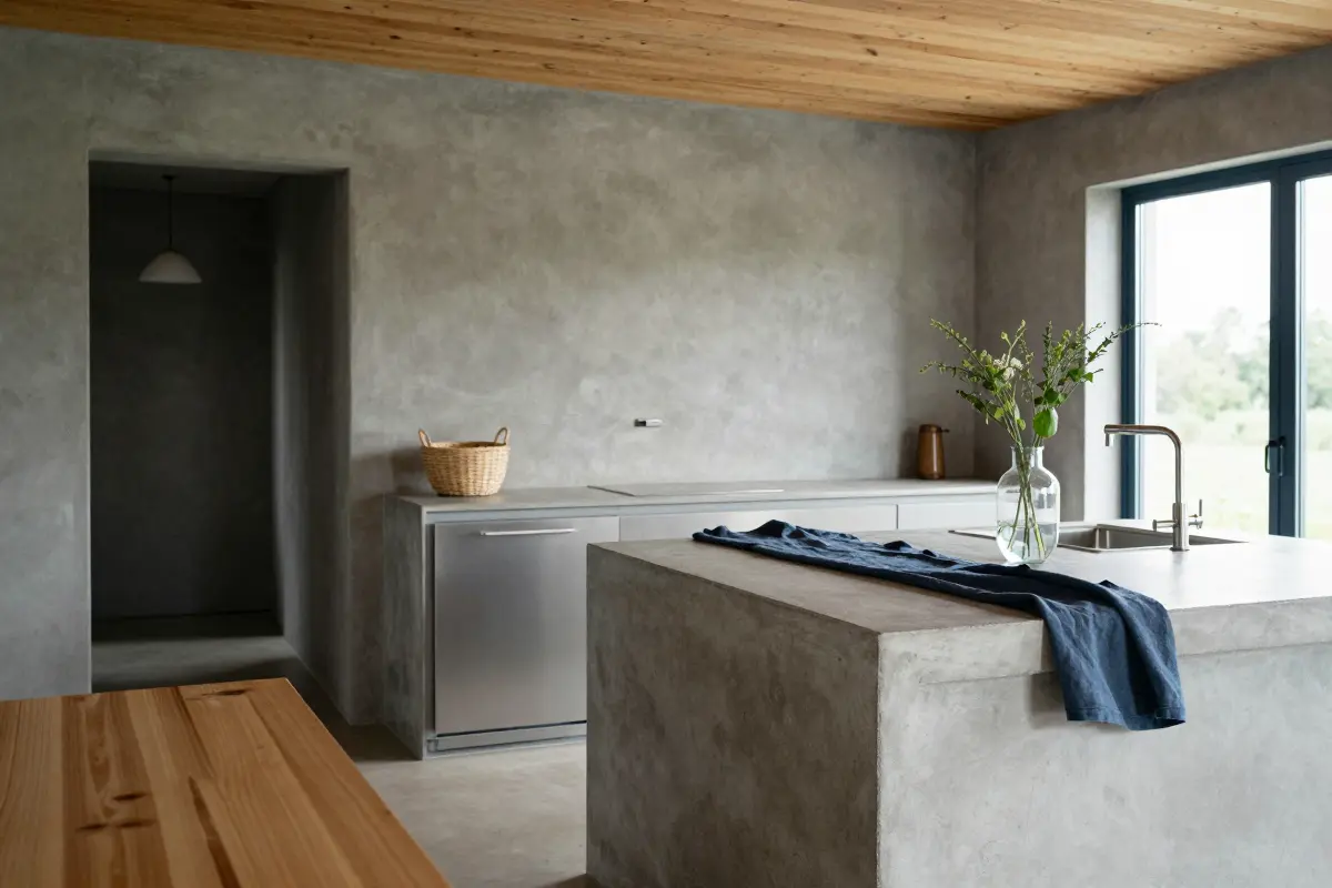 Monolithic cast-concrete kitchen island in a backless barn house kitchen with no upper cabinets