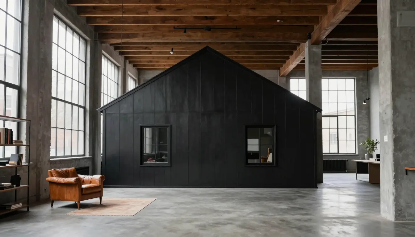 Pitch-black gambrel barn with flush black-framed casement windows