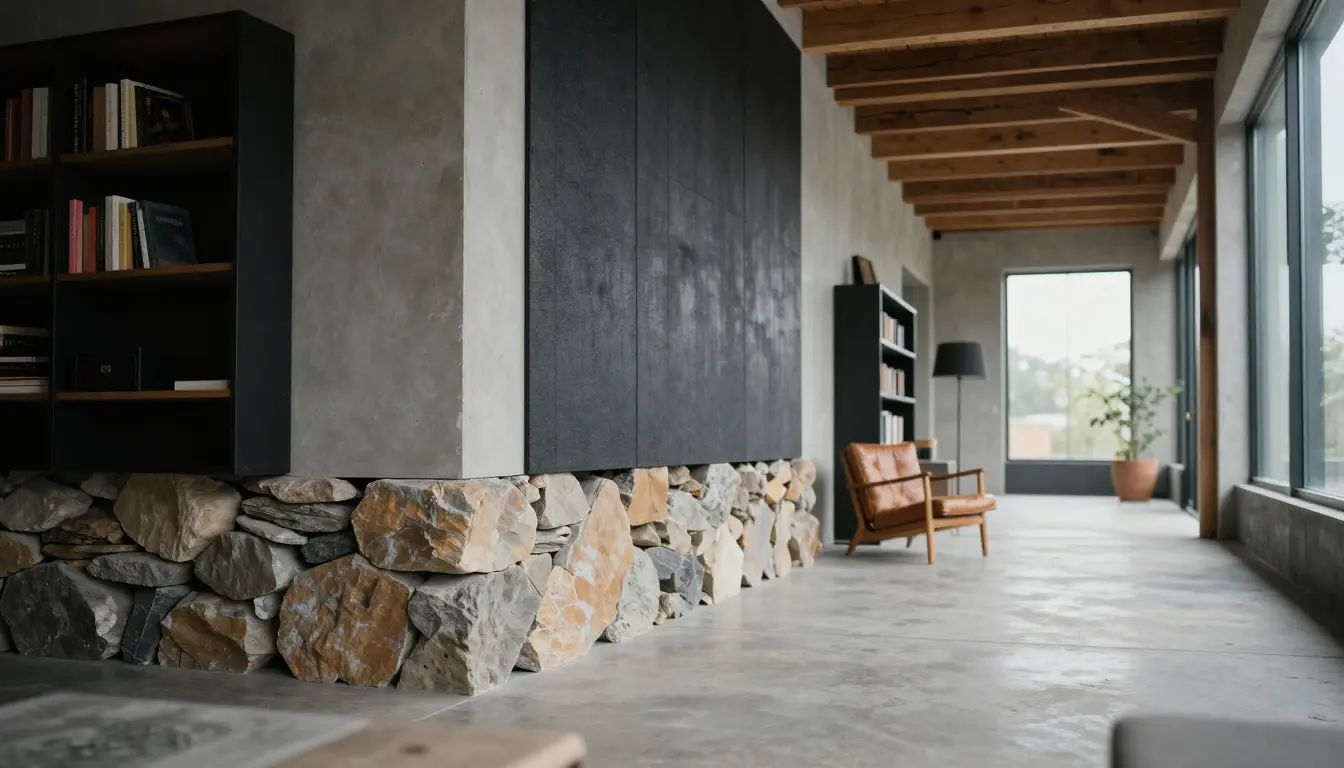 Off-black fiber cement barn siding above a rough dry-stack limestone base