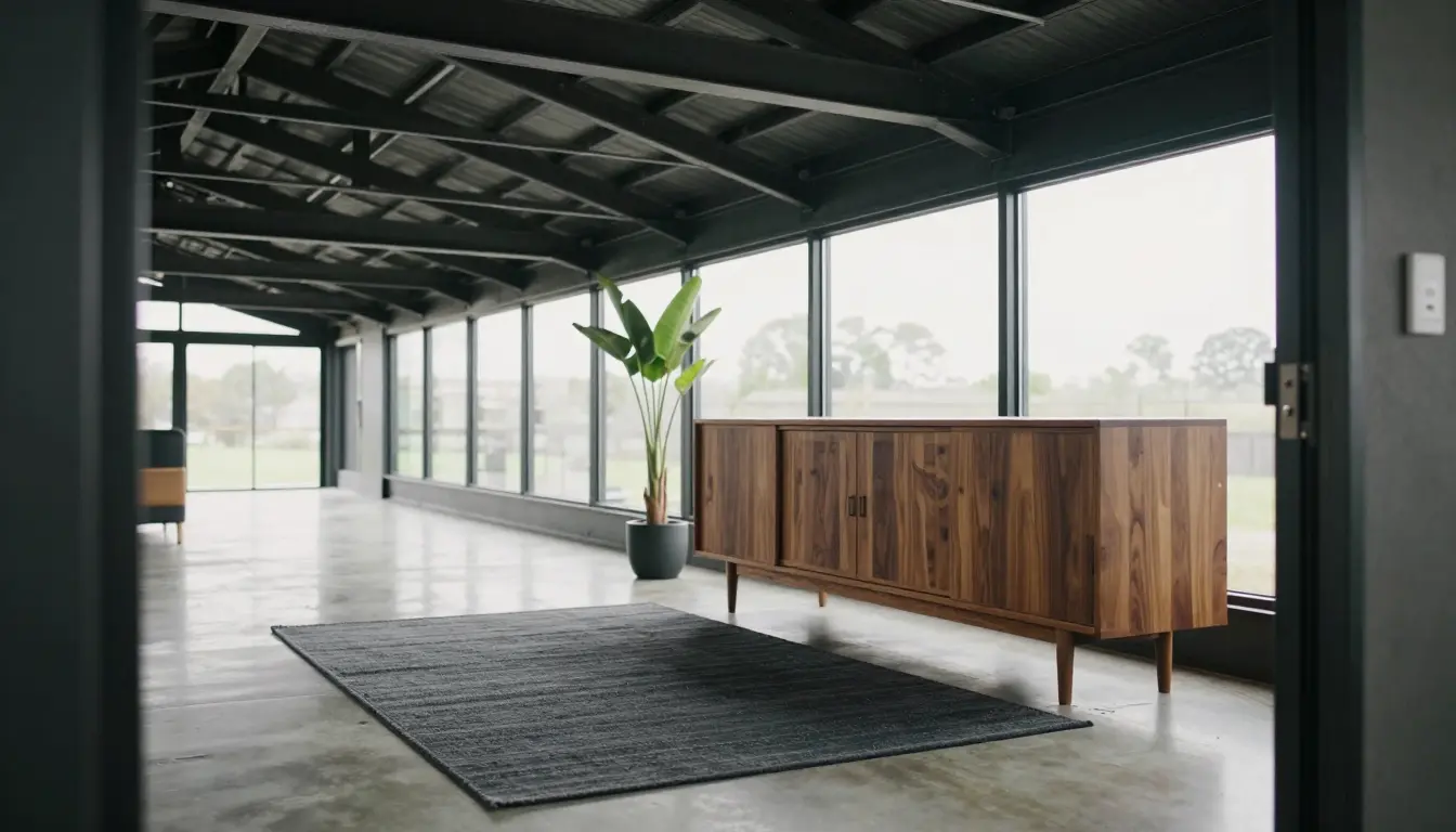 Low oiled walnut credenza beneath a tall loft ceiling on a polished concrete floor