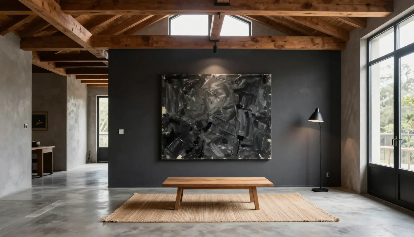 Large charcoal textured canvas lit by a directional spotlight on a dark matte loft wall