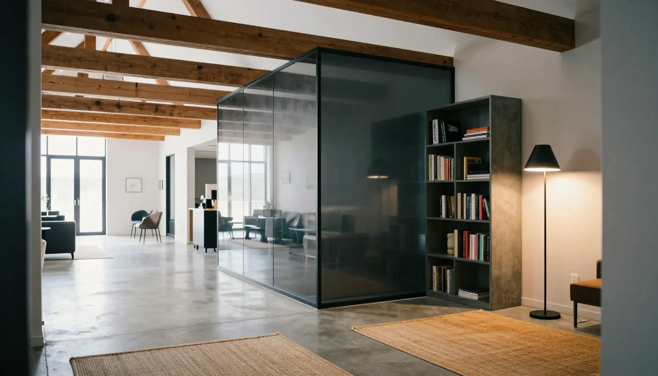 Smoked glass partition dividing a loft bedroom nook from the open living area