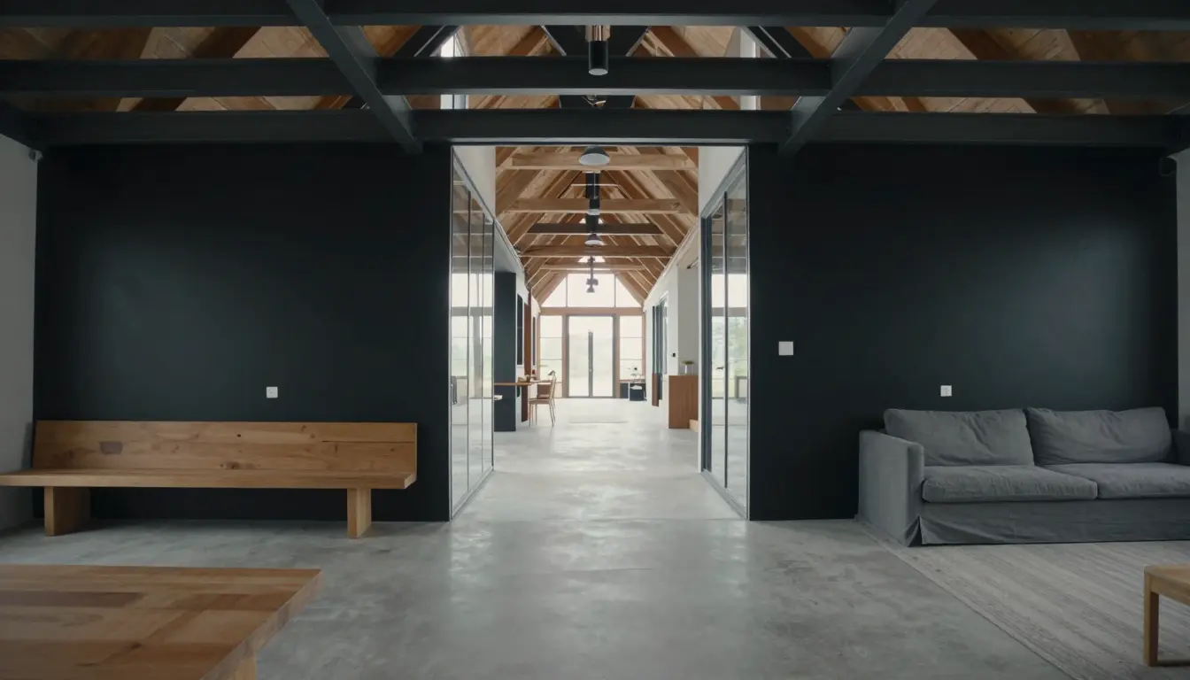 Two black gable-roofed barn wings linked by a recessed glass breezeway