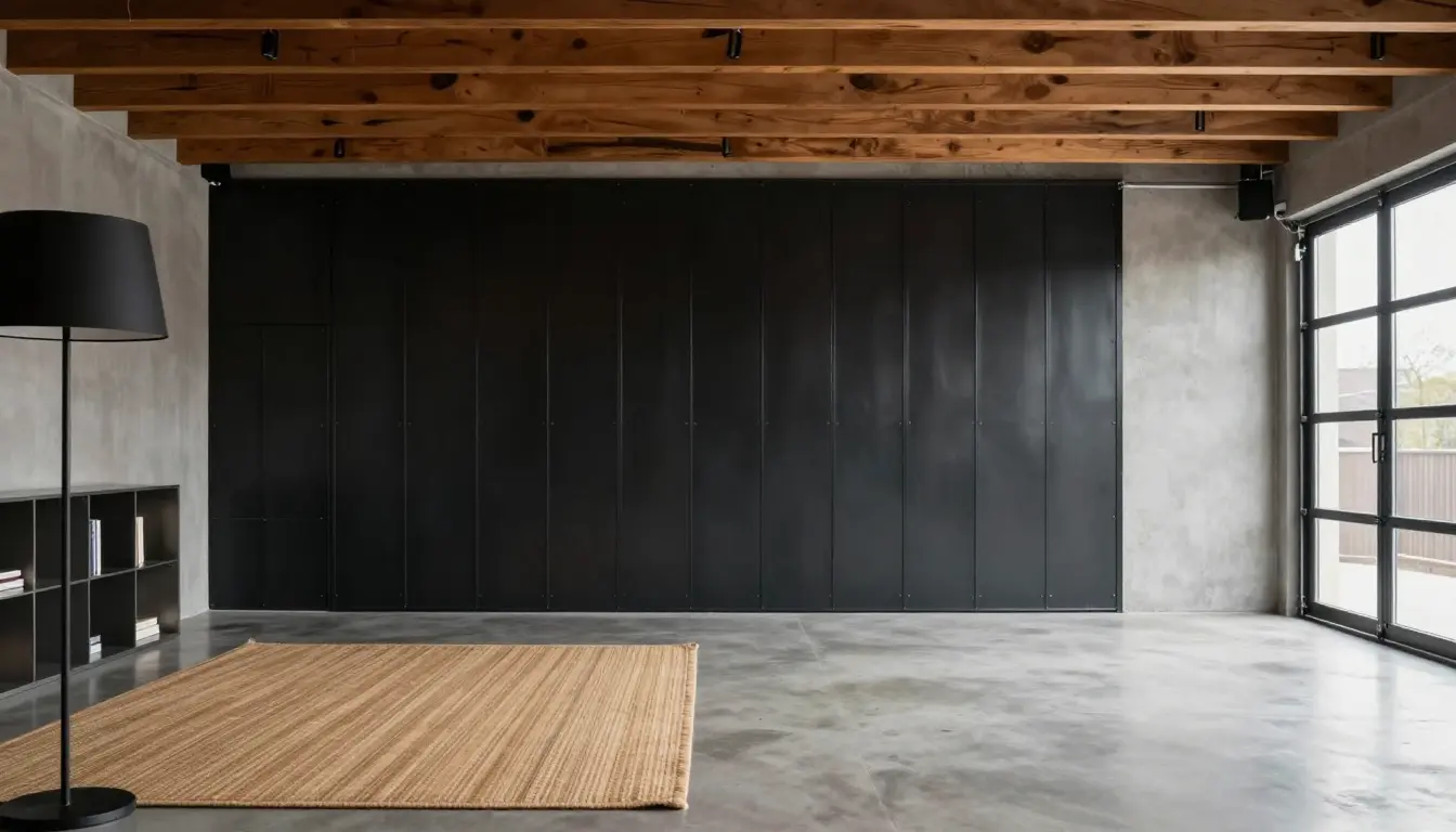 Matte black standing-seam steel barn with full-view glass garage doors