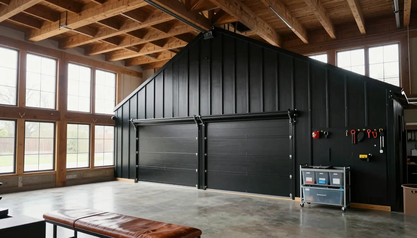 Black standing-seam steel garage with flush matte black overhead doors