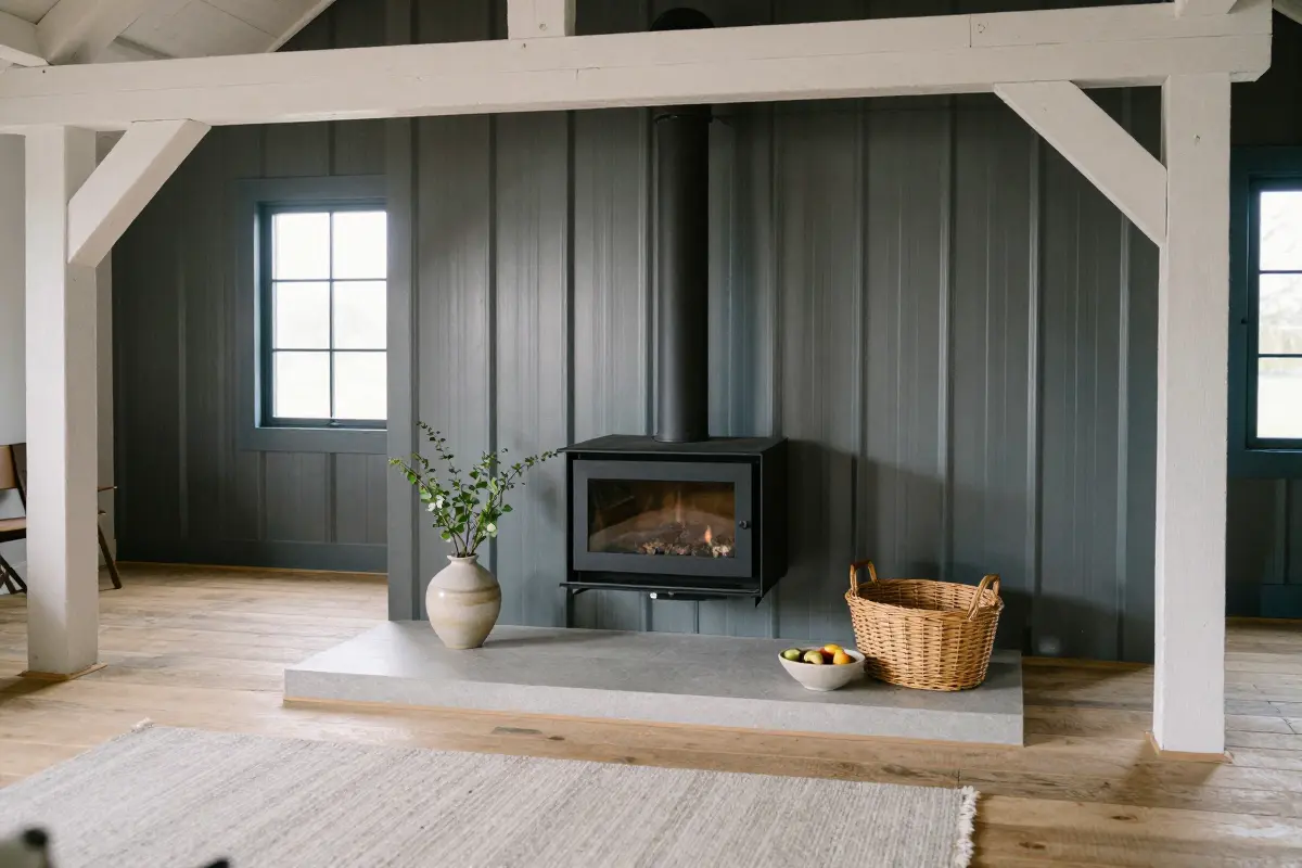 Black cylindrical steel wood stove suspended above a minimalist limestone hearth