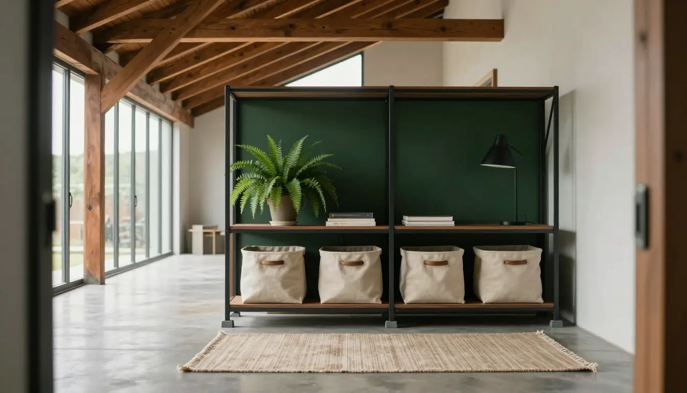 Open-back metal shelving unit dividing a loft sleeping nook from the living area while light passes through